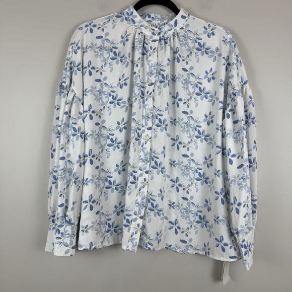 Dazy Floral Top Women Small White Blue Long Peasant Sleeve Button Up Cottagecore - Picture 1 of 8